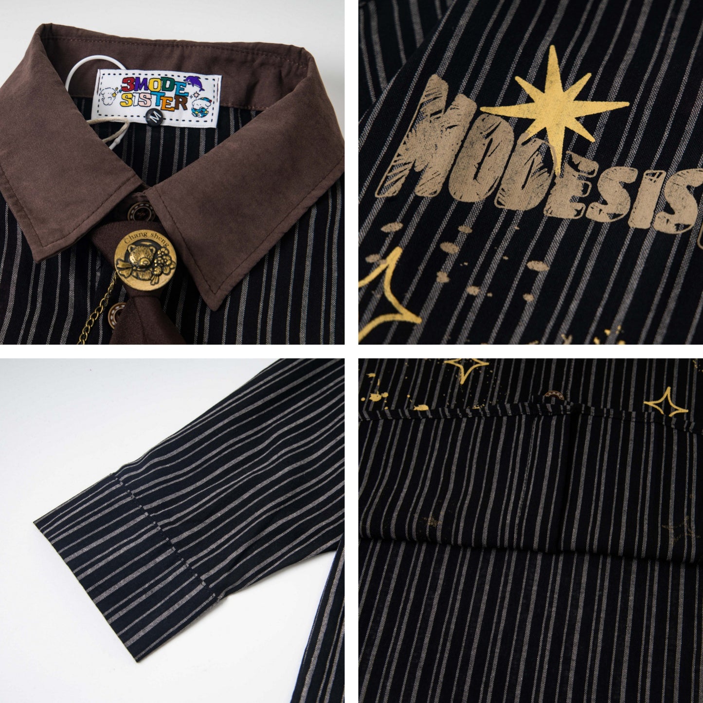 Color Block Design Collar Stripe Long Sleeve Shirt Men's Loose Casual Trendy Couple Shirt