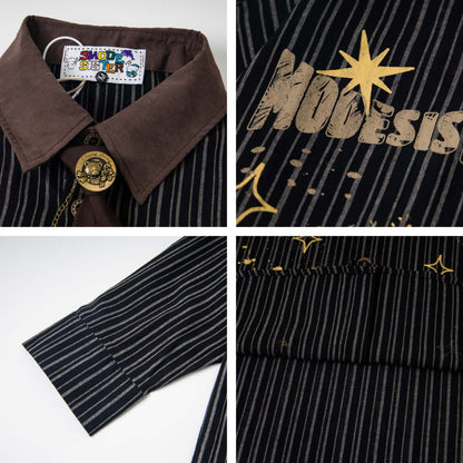 Color Block Design Collar Stripe Long Sleeve Shirt Men's Loose Casual Trendy Couple Shirt