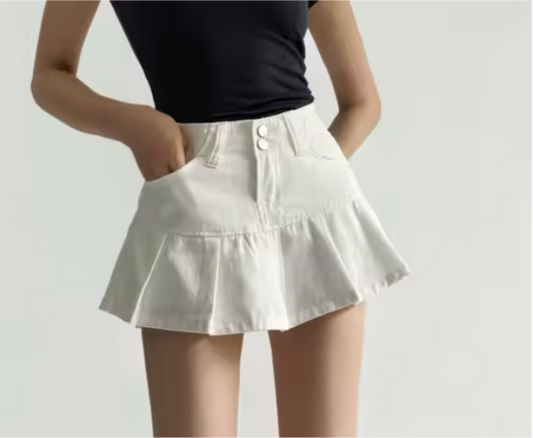 High-Waisted Leg-Lengthening Washed Vintage Two-Button Denim Pleated A-Line Mini Skirt