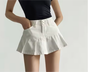 High-Waisted Leg-Lengthening Washed Vintage Two-Button Denim Pleated A-Line Mini Skirt