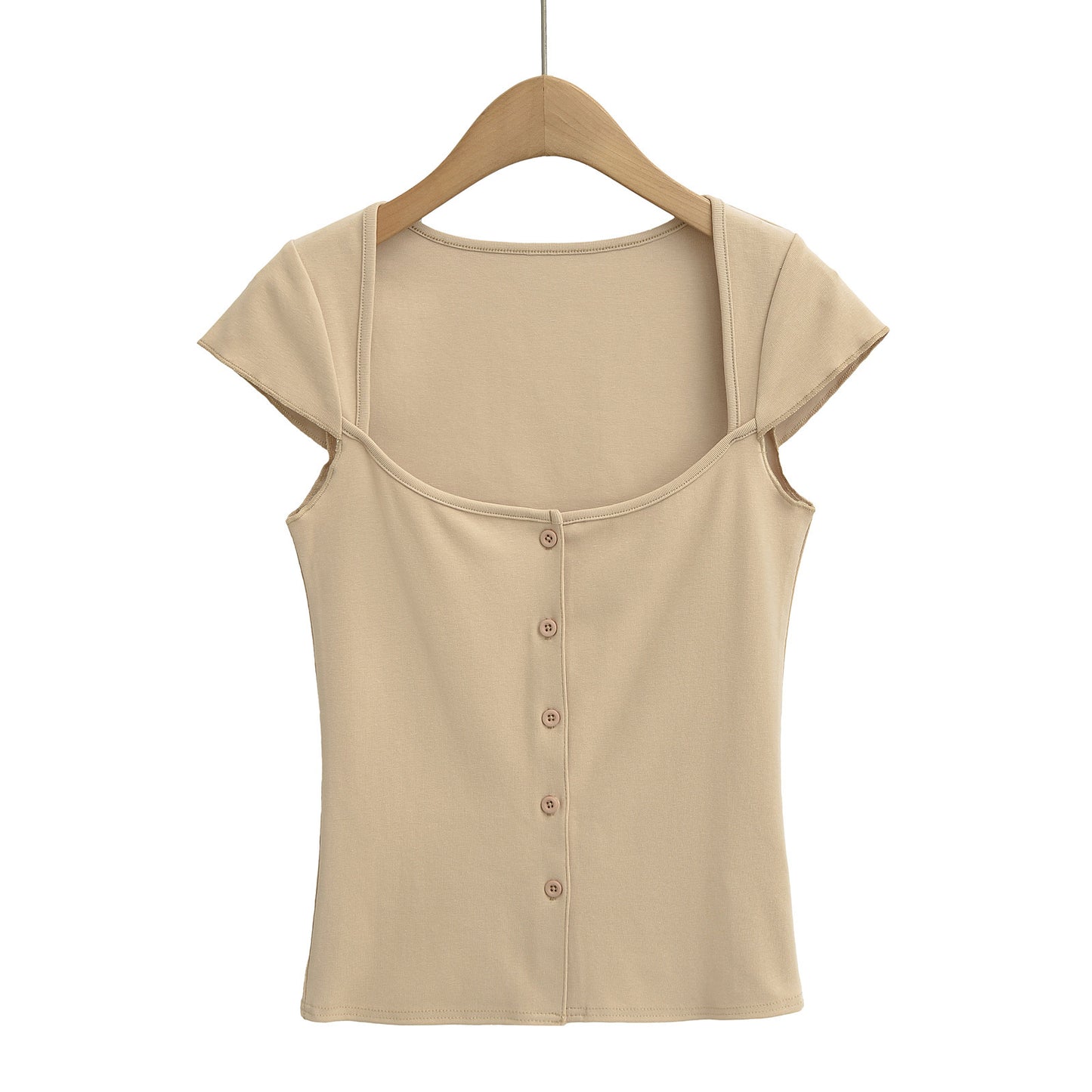 Square Neck Button Short Sleeve Fitted T-Shirt