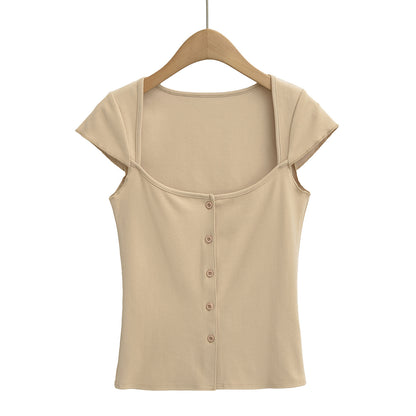 Square Neck Button Short Sleeve Fitted T-Shirt