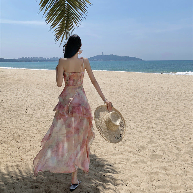 Vacation Style Irregular Hem Leaf Edge Short Dress Women's Strapless Dress