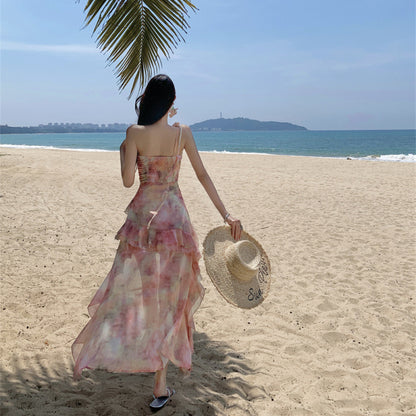 Vacation Style Irregular Hem Leaf Edge Short Dress Women's Strapless Dress