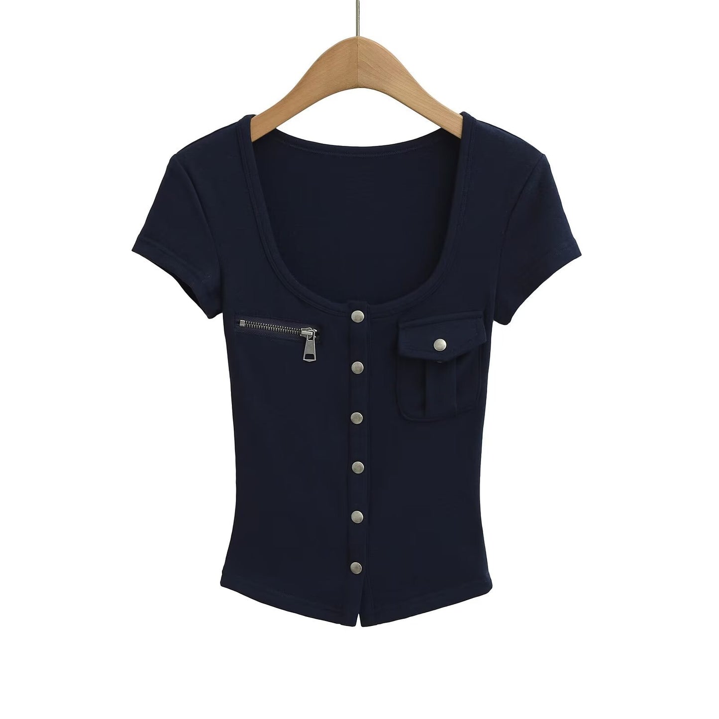 Short sleeved top U-neck slim fit T-shirt