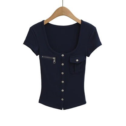 Short sleeved top U-neck slim fit T-shirt