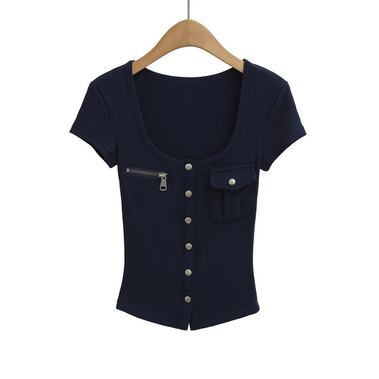 Short sleeved top U-neck slim fit T-shirt