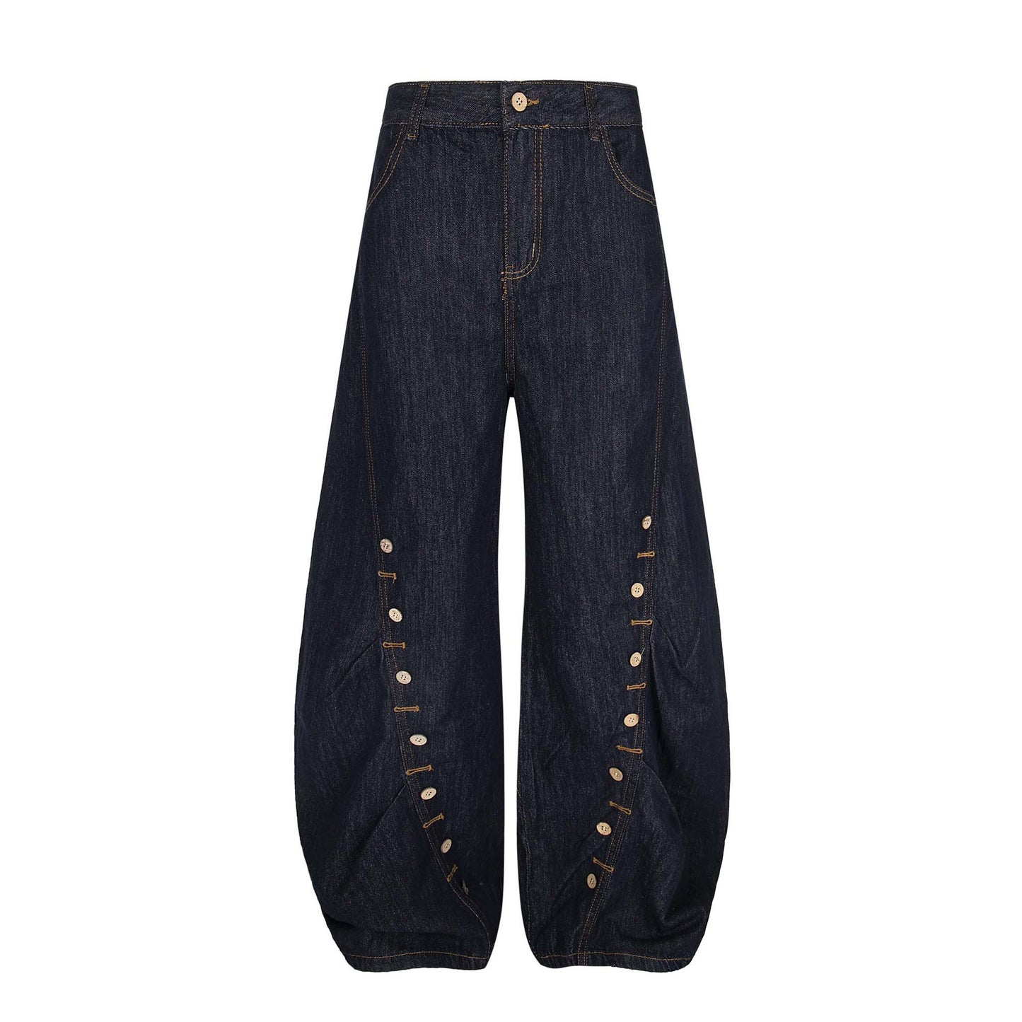 High Street  Pleated Button Decorated Flared Denim Pants Unisex Loose Wide Leg Straight Long Trousers