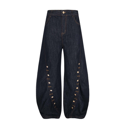 High Street  Pleated Button Decorated Flared Denim Pants Unisex Loose Wide Leg Straight Long Trousers