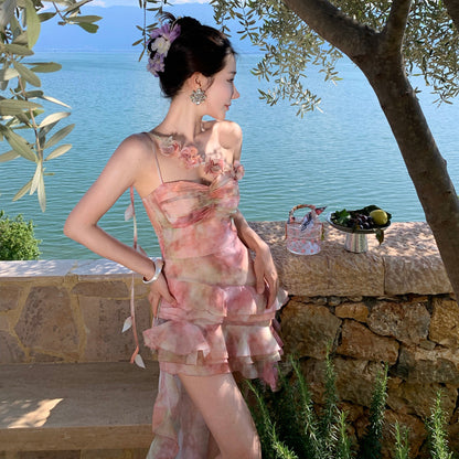 Vacation Style Irregular Hem Leaf Edge Short Dress Strapless Skirt