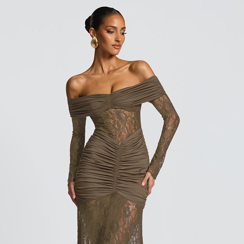 Women's Summer Lace Splicing One-Shoulder Slit Long Sleeve Dress