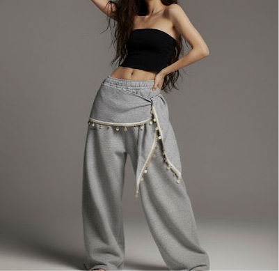 Lace fart curtain layered on sweatpants