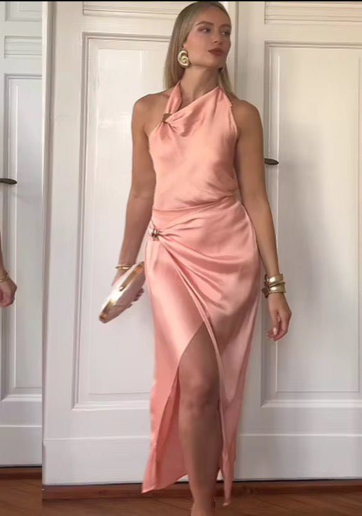 Golden Embellished Satin Feel Halter Top + Skirt Set for Women