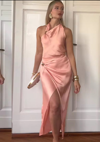 Golden Embellished Satin Feel Halter Top + Skirt Set for Women