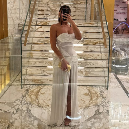 Women's Mesh Backless Slit Pencil Skirt Tube Top Slightly Transparent Solid Color Long Dress