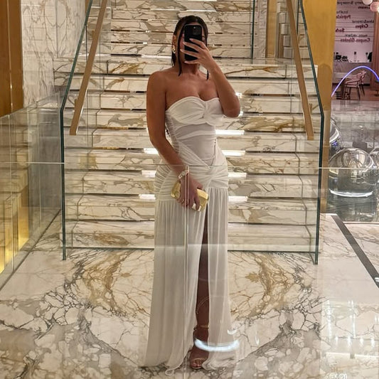 Women's Mesh Backless Slit Pencil Skirt Tube Top Slightly Transparent Solid Color Long Dress