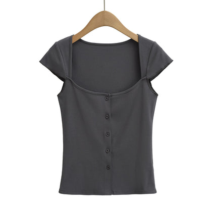 Square Neck Button Short Sleeve Fitted T-Shirt