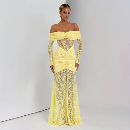 Women's Summer Lace Splicing One-Shoulder Slit Long Sleeve Dress
