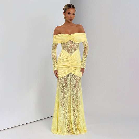 Women's Summer Lace Splicing One-Shoulder Slit Long Sleeve Dress