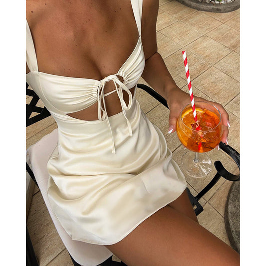 Sexy Backless A-line Satin Dress with Belted Waistline for Women