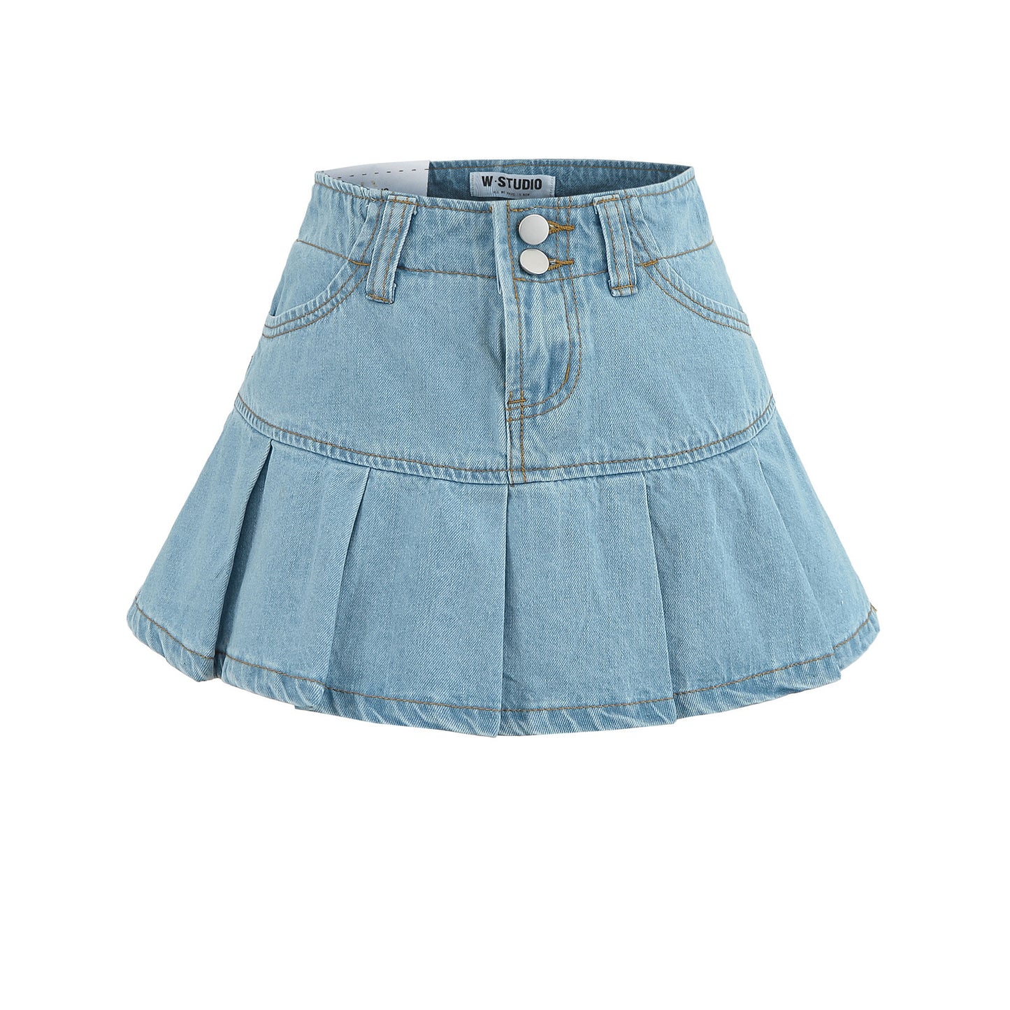 High-Waisted Leg-Lengthening Washed Vintage Two-Button Denim Pleated A-Line Mini Skirt