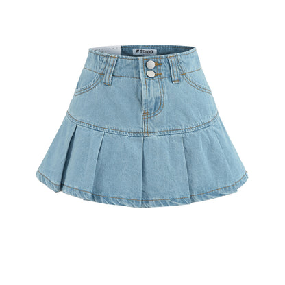High-Waisted Leg-Lengthening Washed Vintage Two-Button Denim Pleated A-Line Mini Skirt