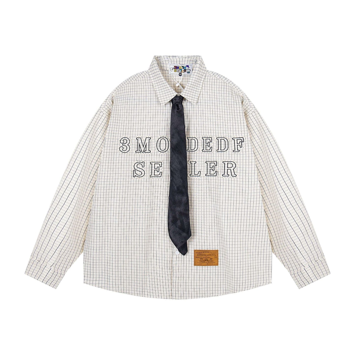 Letter Embroidery Striped Collar Long Sleeve Shirt Men's  College Style Couple Loose Casual Shirt