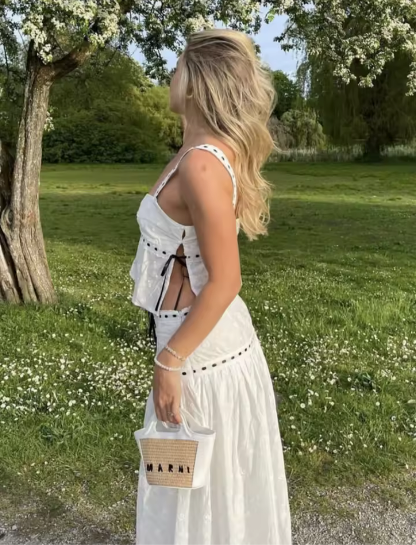 Color blocked lace up suspender+color blocked lace up skirt set for women