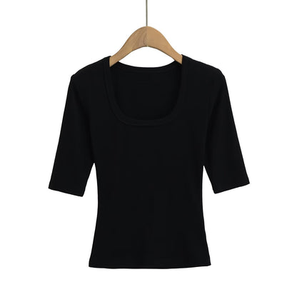 Elastic Fitted U-neck Lockbone Mid-sleeve Tee Shirt