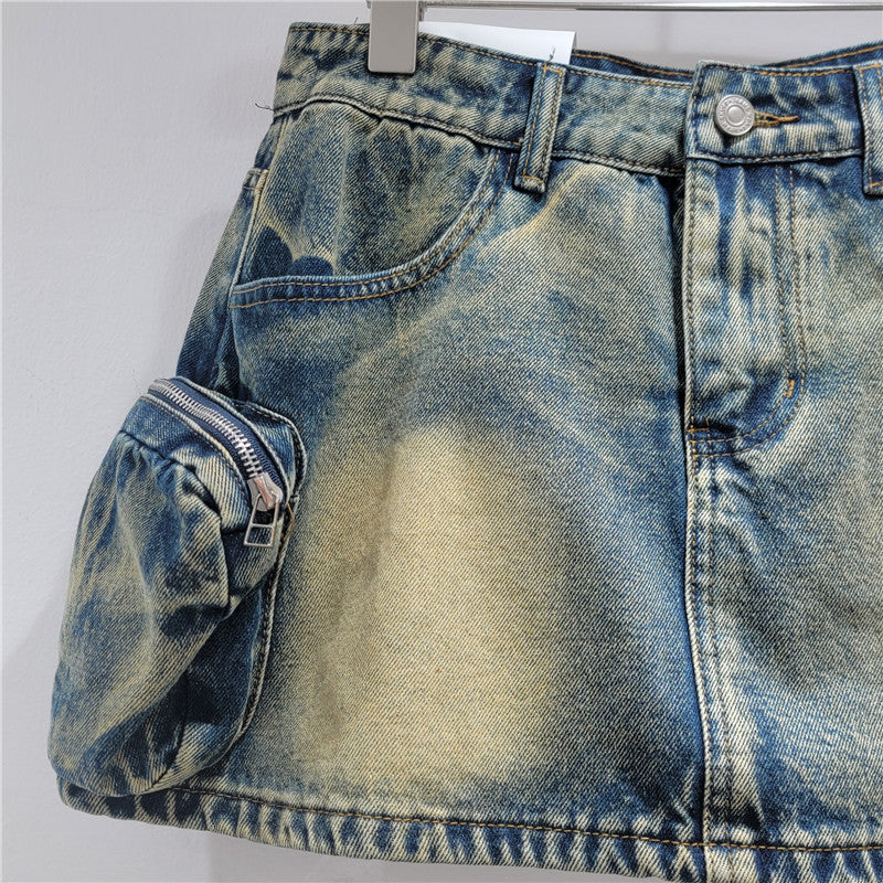 Design Sense Three-Dimensional Zipper Pocket Sweet and Spicy Girl Workwear Denim Short Skirt Women High-Waisted A-Line Skirt