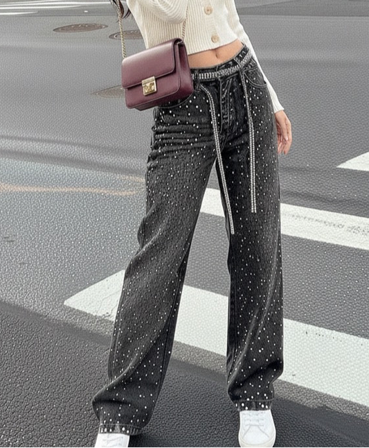 Washed loose wide leg printed jeans with a full diamond drop design straight leg pants