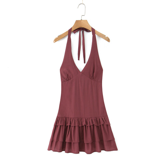 V-neck Wine Red Halter Waist-Cinched Tiered Mini Dress