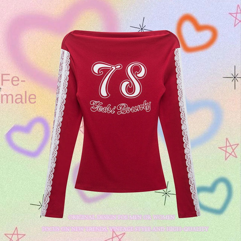 Spaghetti Strap Lace Splicing Sexy T-Shirt Women's INS Sporty Long Sleeve Slim Fit Top