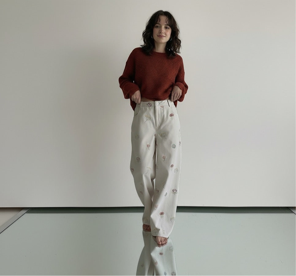 Sweet and Lovely Embroidered White Straight Loose Denim Pants for Women