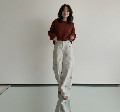 Sweet and Lovely Embroidered White Straight Loose Denim Pants for Women