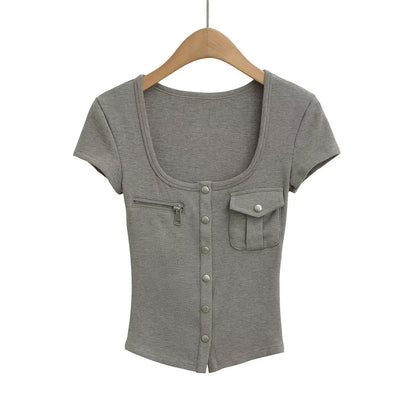 Short sleeved top U-neck slim fit T-shirt