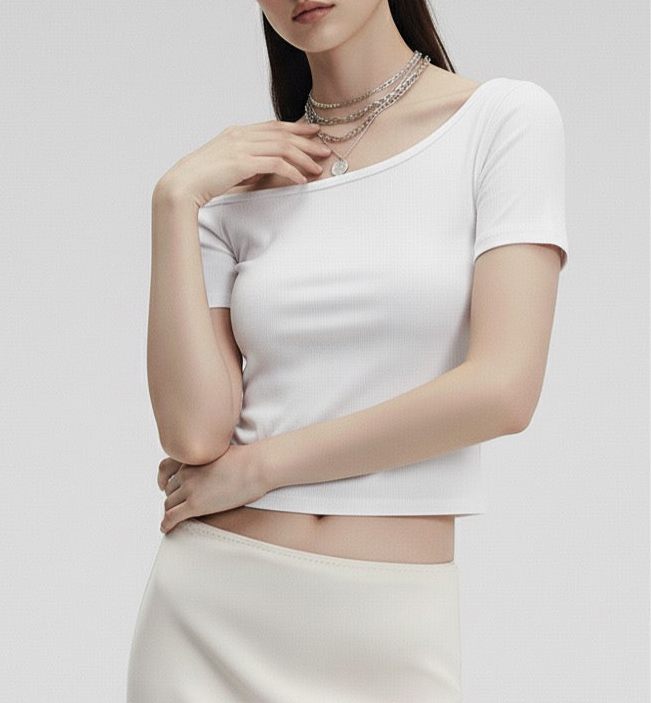 Style Solid Color Off-the-Shoulder Short Sleeve T-Shirt for Women, Slim Fit Short Length Half-Sleeve Top