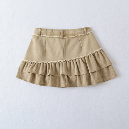 High Waist Washed Raw Hem Denim Spliced Skirt with Lining A-Line Mini Skirt
