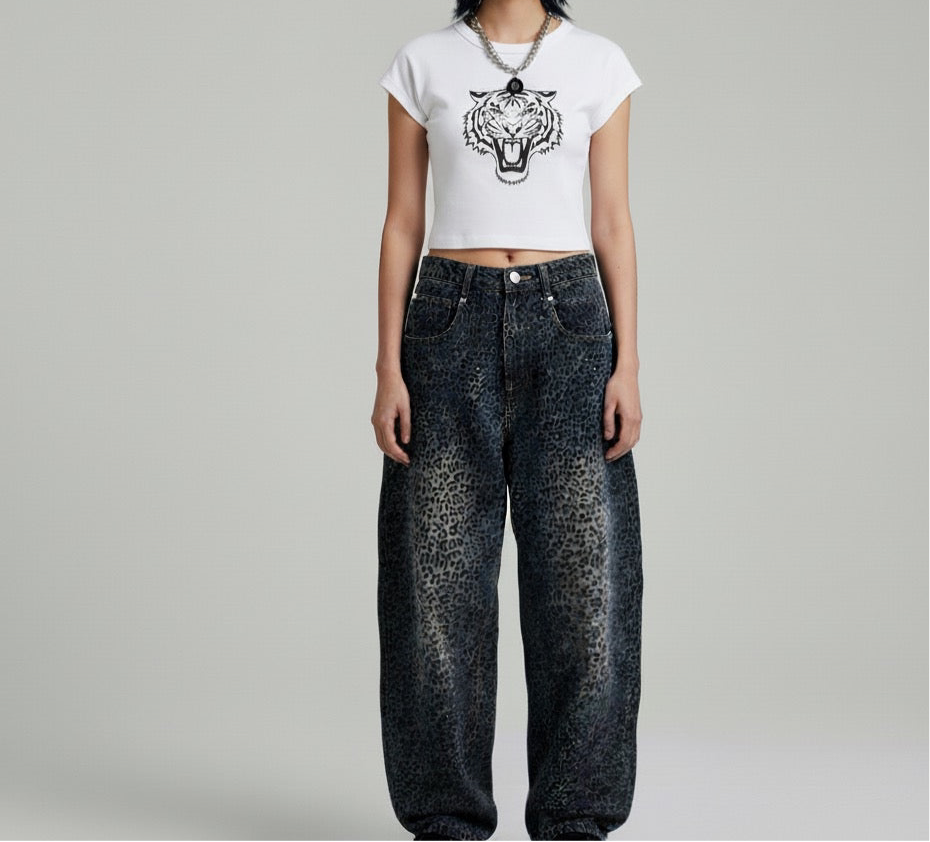 Leopard print jeans men's and women's loose casual pants