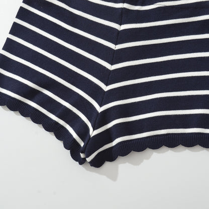 Elastic Fitted Dark Blue Striped Small Lace Hem Knit Shorts