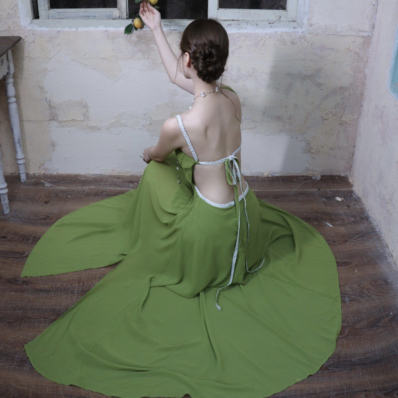 French Fresh Elegant Green V-neck Dress with Strapless Design