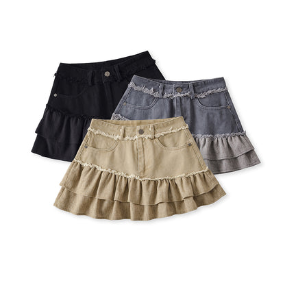 High Waist Washed Raw Hem Denim Spliced Skirt with Lining A-Line Mini Skirt