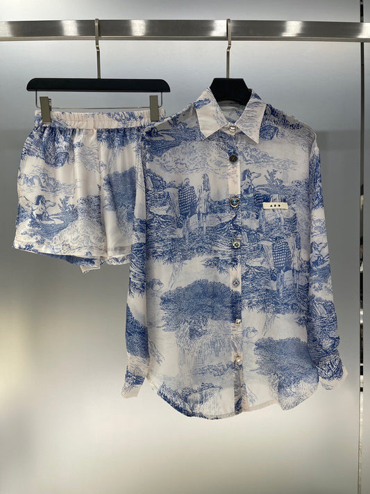 Two Piece Sets For Women Lapel Long Sleeve Spliced Button Shirts High Waist Shorts Summer Set Female New