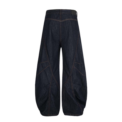 High Street  Pleated Button Decorated Flared Denim Pants Unisex Loose Wide Leg Straight Long Trousers