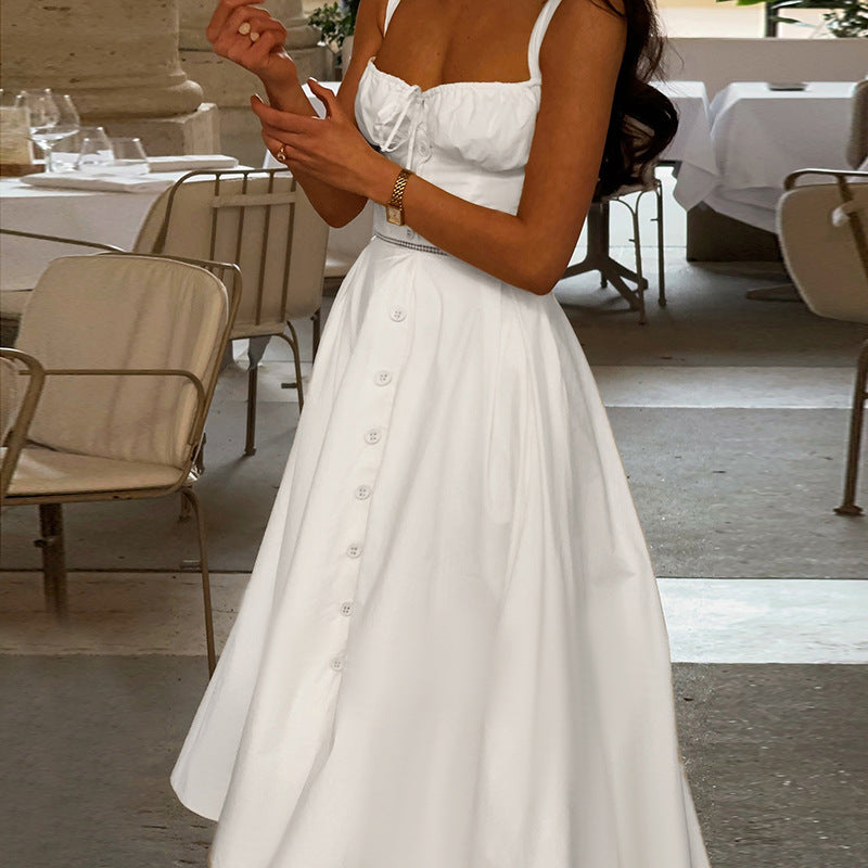 U-Neck Spliced Drawstring Lace-Up Waist Hollow Out Strapless Dress