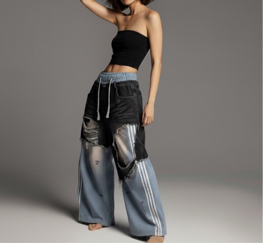 Retro ripped contrasting color patchwork casual pants