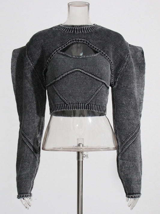 Streetwear Denim Two Piece Set Womens Square Collar Sleeveless Tanks O Neck Long Sleeve Tops Knitting Female Sets