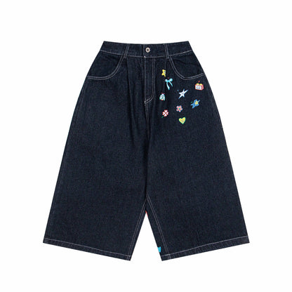 Casual Washed Fun Print Seven-Quarter Denim Pants Men Loose Fit Mid-Length Trousers