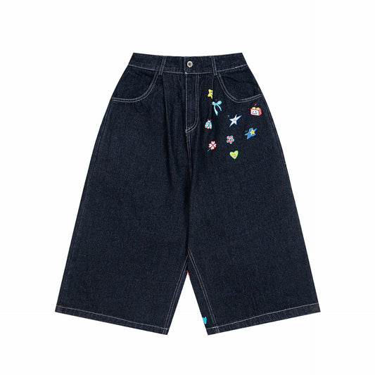 Casual Washed Fun Print Seven-Quarter Denim Pants Men Loose Fit Mid-Length Trousers