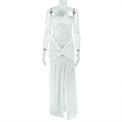 Women's Mesh Backless Slit Pencil Skirt Tube Top Slightly Transparent Solid Color Long Dress